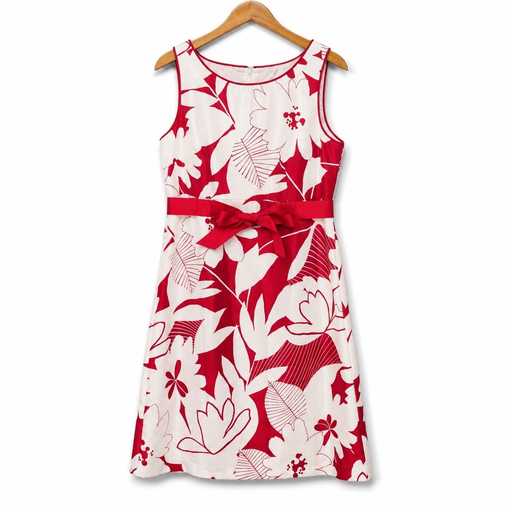 Dressbarn Floral A-Line Dress Womens 8 Red White Excellent Sleeveless Bow 19031